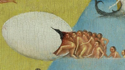 Kozmično jajce je simbol prvobitne, nezavedne, nediferencirane, embrionalne enosti, h kateri novodobništvo stremi v svoji infantilnosti in svojemu odporu do uma, razuma in ega, s tem pa poskuša zaobrniti naravni razvoj človekove osebnosti, kar lahko povzroči tudi resnejše duševne težave. Slika: The garden of earthly delights, avtorja Hieronymusa Boscha To sliko je uporabil kot ključni motiv tudi Leonardo DiCaprio v svojem dokumentarnem filmu o podnebnih spremembah in katastrofah, ki sledijo v prihajajočih desetletjih Before the Flood (Pred poplavo) 